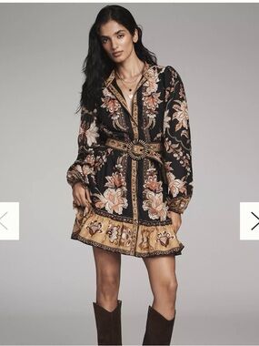 Farm Rio Majestic Garden Long-Sleeve Button-Front Mini Dress, NWT